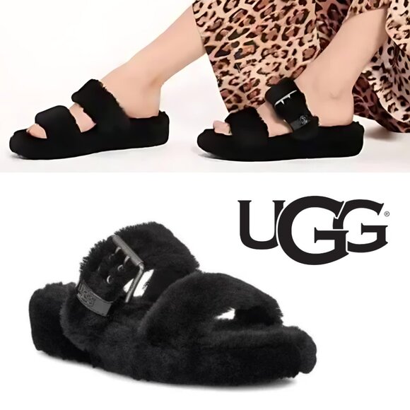 UGG Shoes - NWOT UGG Fuzz Yeah Women's Size 10 Sheep Fur Buckle Slipper Shoes Open Toe Black